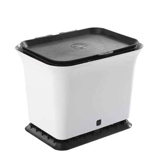 White sturdy compost bin with a black vented lid and base, designed for odor-free kitchen use and handcrafted for farm, garden, and kitchen collections.