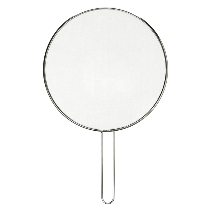 Round stainless steel splatter screen with handle, designed to protect kitchen surfaces during cooking, featured in Kitchen & Food, Kitchen Gadgets, Best Sellers, and Promo Eligible collections.