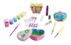Handcrafted craft kit with resin treasure boxes and butterfly bank decorated with floral and heart patterns, including paints, brushes, glitter glues, and gem and foil stickers for creative indoor play.