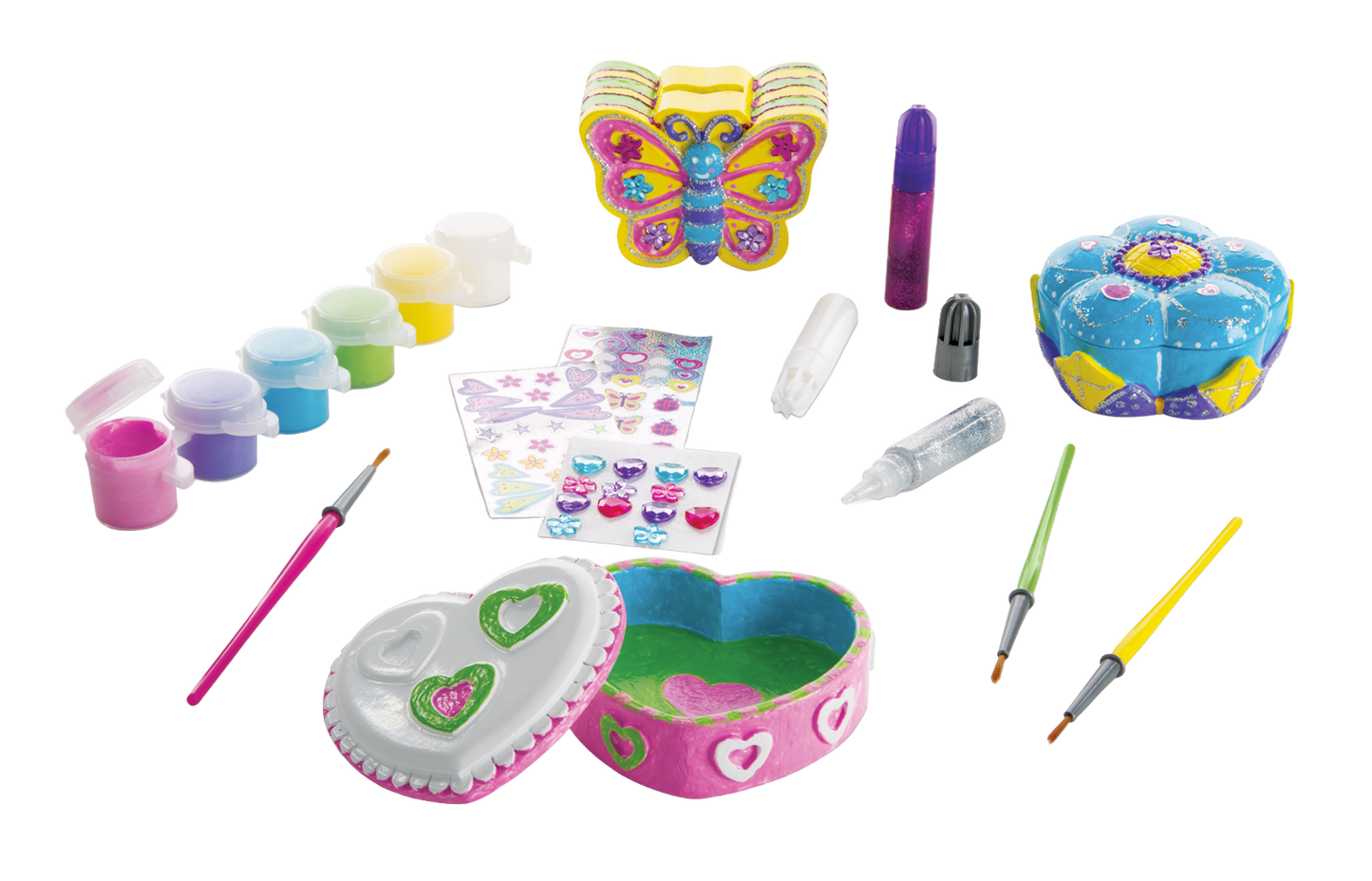 Handcrafted craft kit with resin treasure boxes and butterfly bank decorated with floral and heart patterns, including paints, brushes, glitter glues, and gem and foil stickers for creative indoor play.