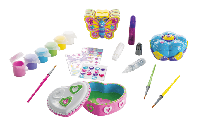 Handcrafted craft kit with resin treasure boxes and butterfly bank decorated with floral and heart patterns, including paints, brushes, glitter glues, and gem and foil stickers for creative indoor play.