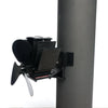 Black heat-powered magnetic stove fan with three blades, mounted on a flue pipe, designed for efficient warm air circulation; featured in Hearth Accessories and Best Sellers collections.