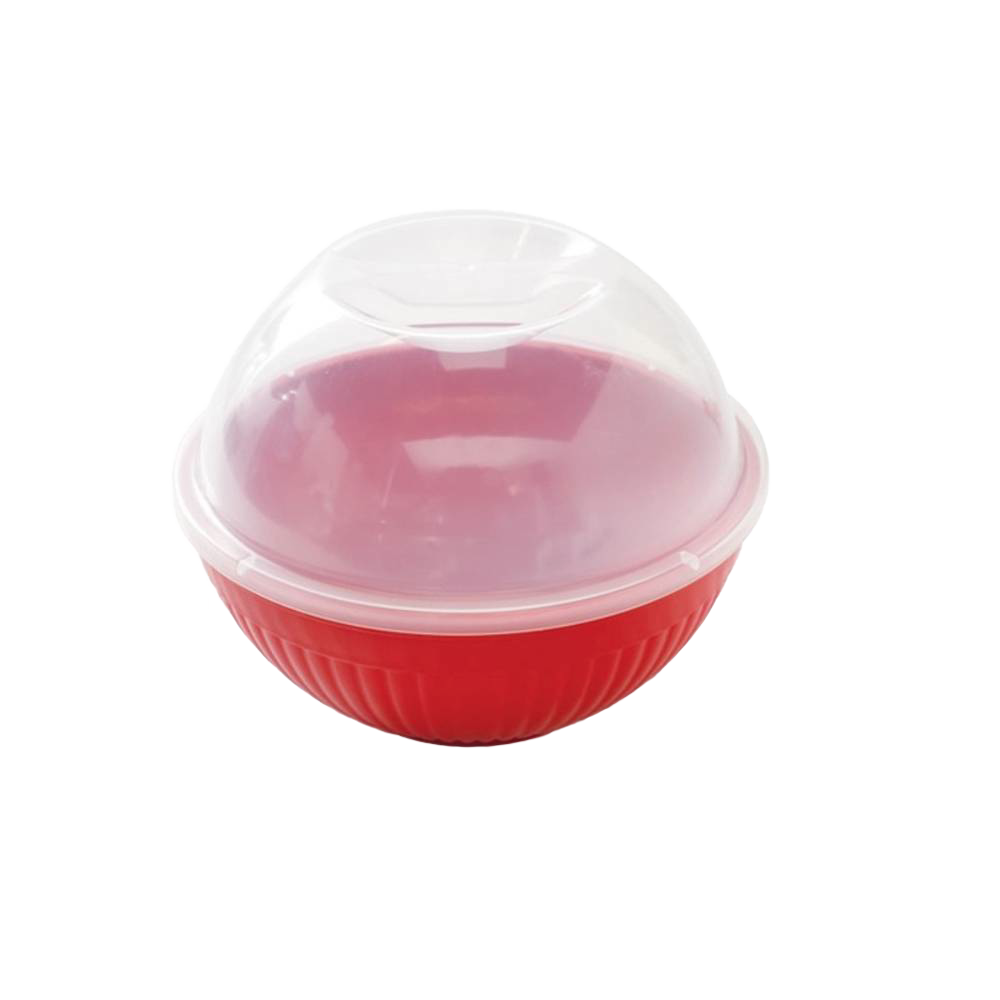 Red BPA-free microwavable popcorn popper with a clear vented lid, designed for single servings, made in USA, suitable for Kitchen & Food, Popcorn, and Kitchen Gadgets collections.