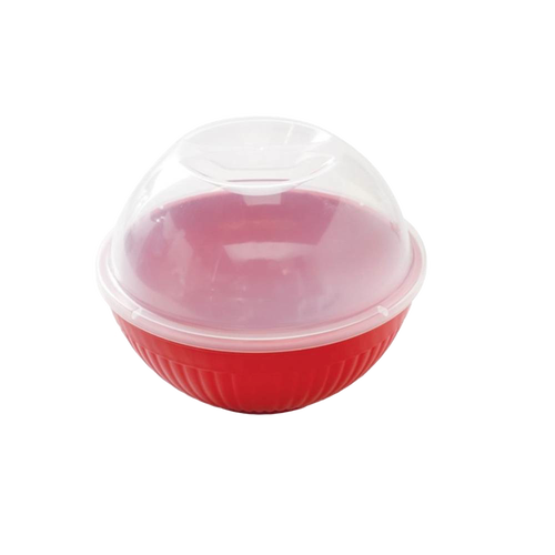 Red BPA-free microwavable popcorn popper with a clear vented lid, designed for single servings, made in USA, suitable for Kitchen & Food, Popcorn, and Kitchen Gadgets collections.