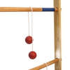 Close-up of a handcrafted wooden ladder frame with natural finish and blue accent rung, featuring red golf ball bolas hanging by white cords, ideal for lawn games collections.
