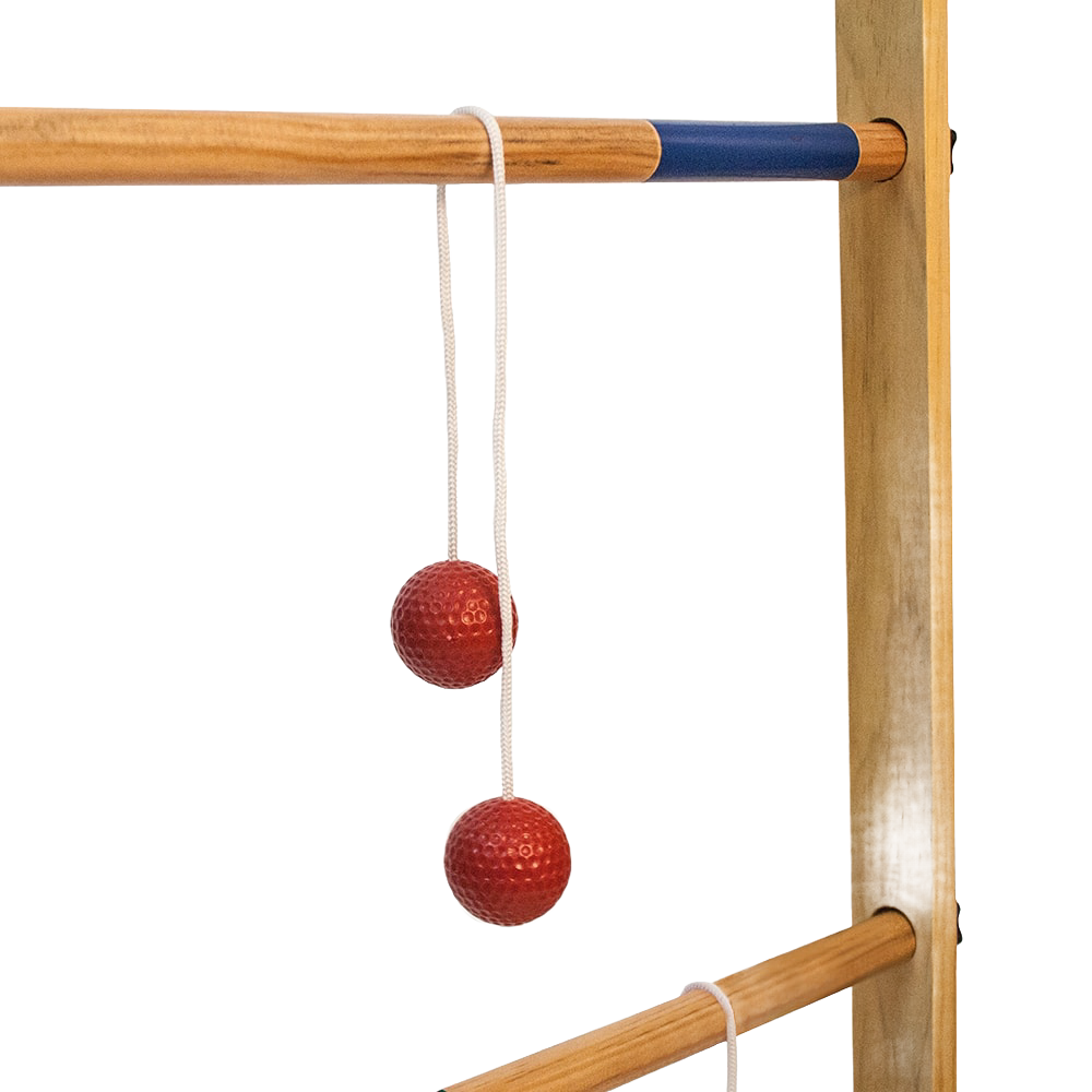 Close-up of a handcrafted wooden ladder frame with natural finish and blue accent rung, featuring red golf ball bolas hanging by white cords, ideal for lawn games collections.