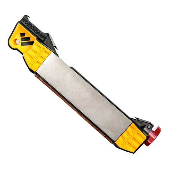 Compact yellow and black guided knife sharpener with diamond sharpening surface and angled guides, designed for precise blade sharpening in Farm, Garden & Tool and Kitchen & Food collections.