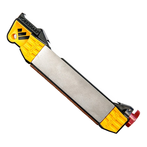 Compact yellow and black guided knife sharpener with diamond sharpening surface and angled guides, designed for precise blade sharpening in Farm, Garden & Tool and Kitchen & Food collections.