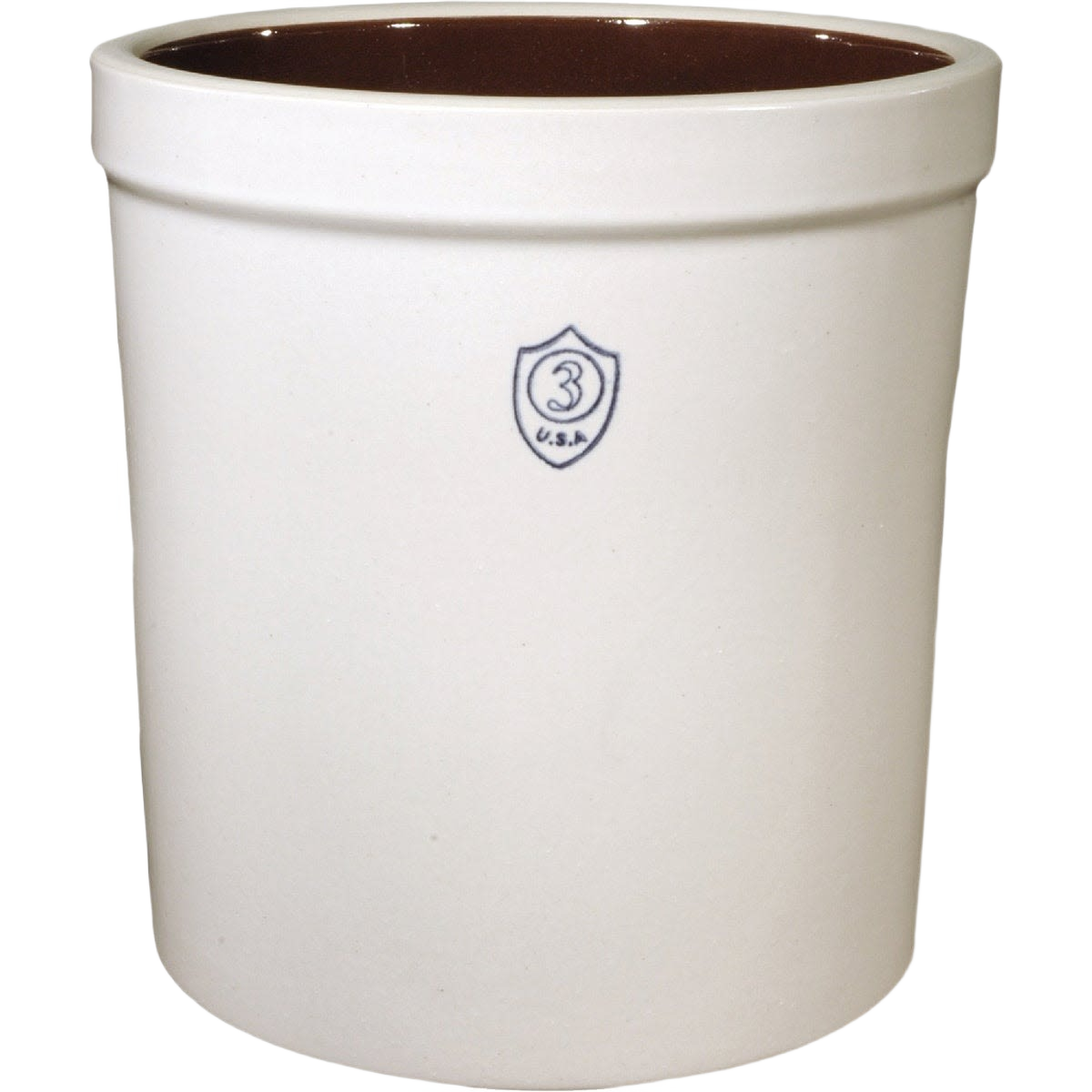 Handcrafted 3-gallon stoneware crock with a smooth off-white exterior and dark brown glazed interior, ideal for fermenting, pickling, and food preservation, USA made.