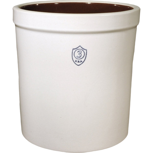 Handcrafted 3-gallon stoneware crock with a smooth off-white exterior and dark brown glazed interior, ideal for fermenting, pickling, and food preservation, USA made.