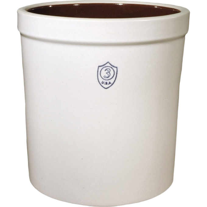 Handcrafted 3-gallon stoneware crock with a smooth off-white exterior and dark brown glazed interior, ideal for fermenting, pickling, and food preservation, USA made.
