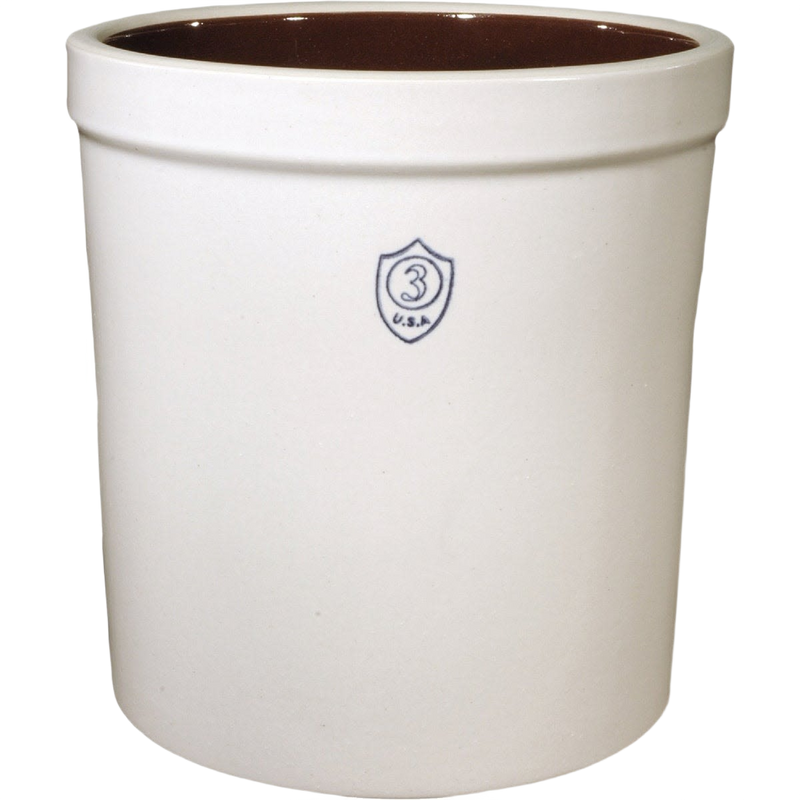 Handcrafted 3-gallon stoneware crock with a smooth off-white exterior and dark brown glazed interior, ideal for fermenting, pickling, and food preservation, USA made.