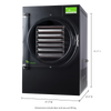 Black freeze dryer with a clear circular door showing multiple stainless steel trays inside, featuring a green digital control panel, ideal for Kitchen & Food, Food Preservation, Freezing, Drying, and Best Sellers collections.