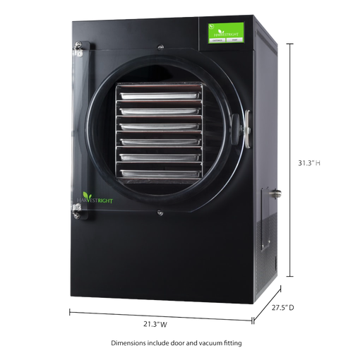 Black freeze dryer with a clear circular door showing multiple stainless steel trays inside, featuring a green digital control panel, ideal for Kitchen & Food, Food Preservation, Freezing, Drying, and Best Sellers collections.