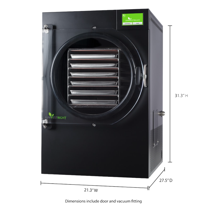 Black freeze dryer with a clear circular door showing multiple stainless steel trays inside, featuring a green digital control panel, ideal for Kitchen & Food, Food Preservation, Freezing, Drying, and Best Sellers collections.