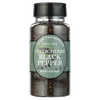 Clear plastic bottle filled with whole Tellicherry black peppercorns, featuring a black screw cap and green label, ideal for kitchen, pantry, and grilling collections.
