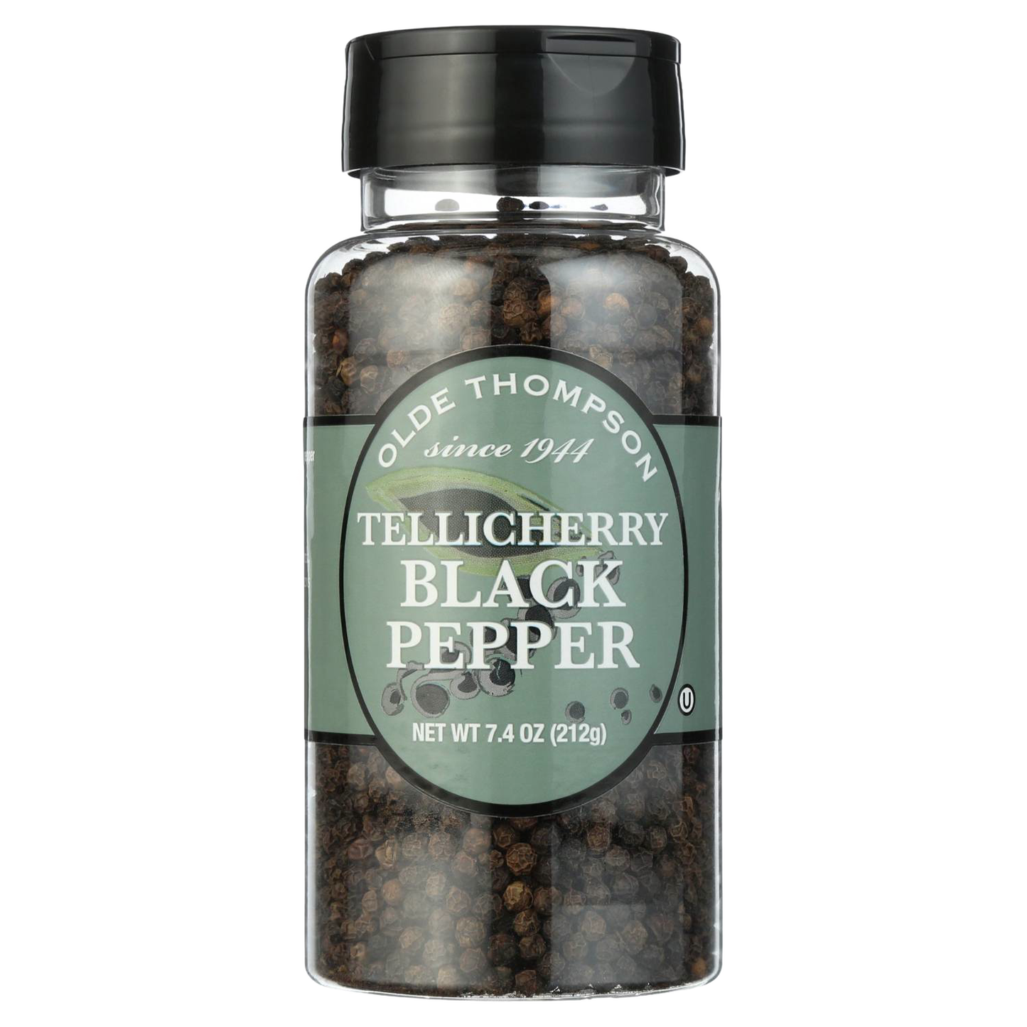 Clear plastic bottle filled with whole Tellicherry black peppercorns, featuring a black screw cap and green label, ideal for kitchen, pantry, and grilling collections.