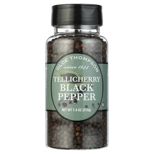 Clear plastic bottle filled with whole Tellicherry black peppercorns, featuring a black screw cap and green label, ideal for kitchen, pantry, and grilling collections.