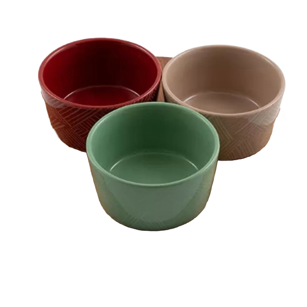 Set of three ceramic condiment bowls in red, beige, and green with subtle textured patterns, ideal for holiday entertaining and part of Kitchen & Food, Storage and Serving collections.