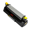 Compact benchstone sharpener with three-sided abrasive surfaces, featuring angle guides and a black base with yellow adjustment knobs, ideal for sharpening knives and scissors in food prep and hand tool collections.