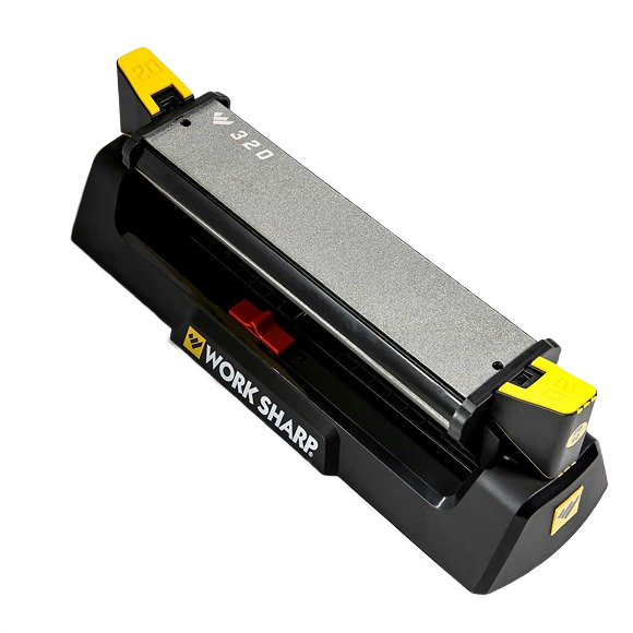 Compact benchstone sharpener with three-sided abrasive surfaces, featuring angle guides and a black base with yellow adjustment knobs, ideal for sharpening knives and scissors in food prep and hand tool collections.
