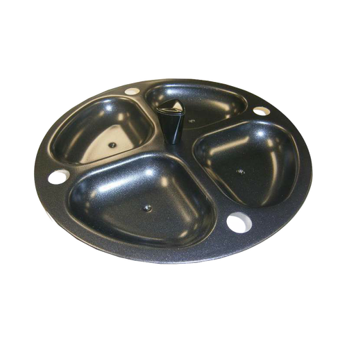 Round black non-stick aluminum egg poacher with four cups and a central vent, designed for easy cooking and cleanup; part of Kitchen & Food, Kitchen Gadgets, USA Made, Best Sellers collections.