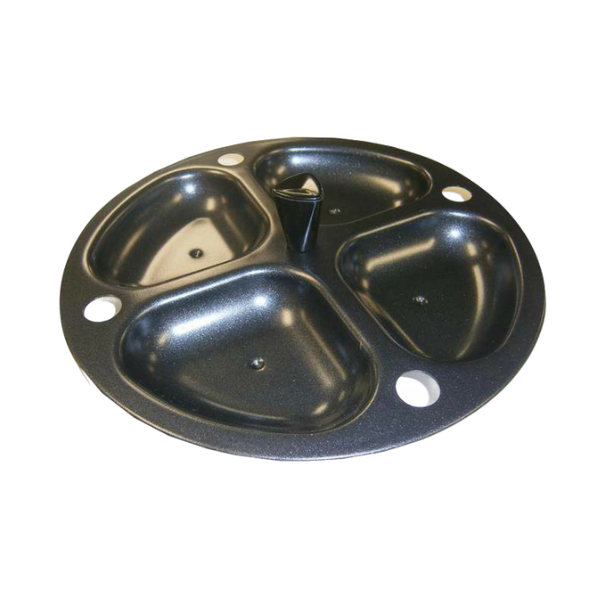 Round black non-stick aluminum egg poacher with four cups and a central vent, designed for easy cooking and cleanup; part of Kitchen & Food, Kitchen Gadgets, USA Made, Best Sellers collections.