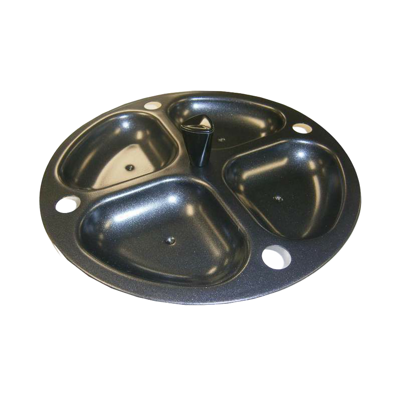 Round black non-stick aluminum egg poacher with four cups and a central vent, designed for easy cooking and cleanup; part of Kitchen & Food, Kitchen Gadgets, USA Made, Best Sellers collections.
