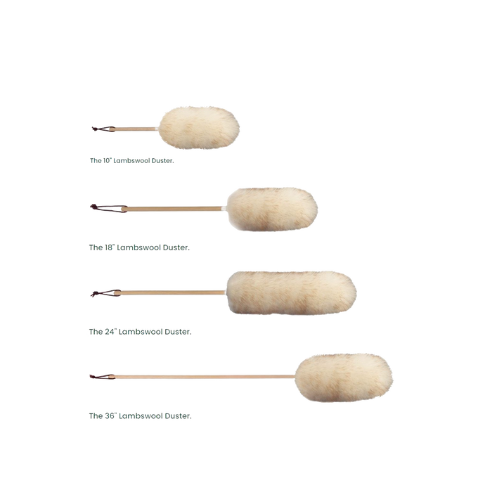 Set of four handcrafted lamb's wool dusters with natural wooden handles, designed for effective dust attraction and gentle cleaning in Home & Decor, Household Cleaning, and USA Made collections.