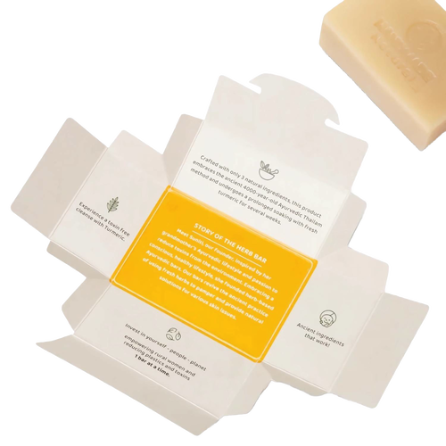 Open packaging of turmeric skin glow Ayurvedic bar soap showing natural ingredients and story of the herb, handmade and organic, featured in Health & Wellness and Soaps collections.