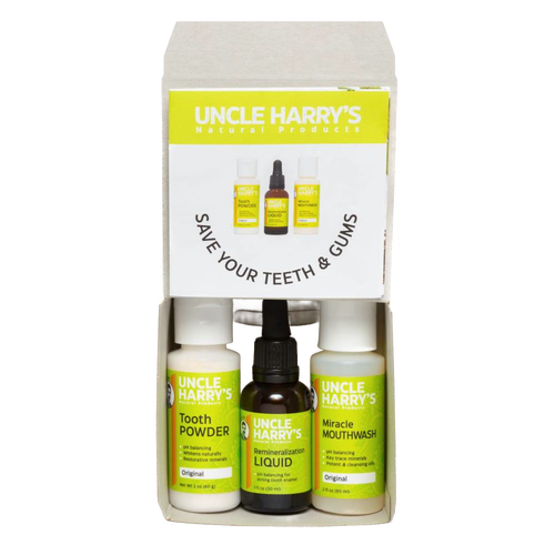 Handcrafted Uncle Harry’s remineralization kit featuring tooth powder, liquid with dropper, and miracle mouthwash, part of Health & Wellness, Grooming and Personal Hygiene, USA Made, and Best Sellers collections.