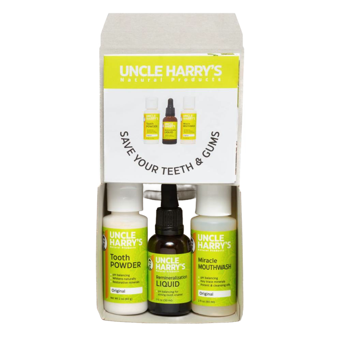Handcrafted Uncle Harry’s remineralization kit featuring tooth powder, liquid with dropper, and miracle mouthwash, part of Health & Wellness, Grooming and Personal Hygiene, USA Made, and Best Sellers collections.