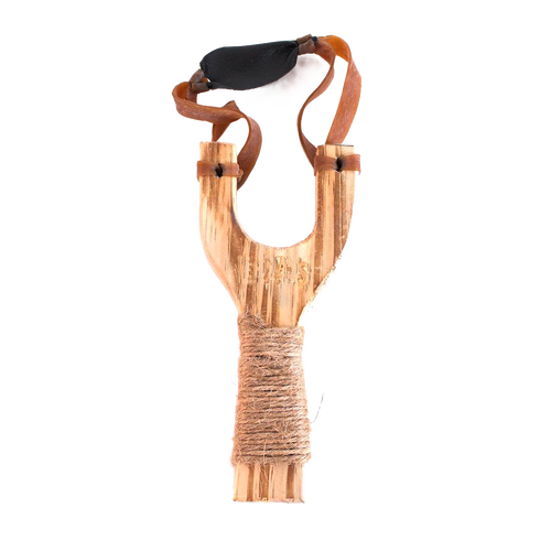 Handcrafted wooden slingshot made from smooth beech wood with genuine leather pouch, wrapped handle for grip, and real latex tubing, perfect for Toys, Lawn Games, and Best Sellers collections.