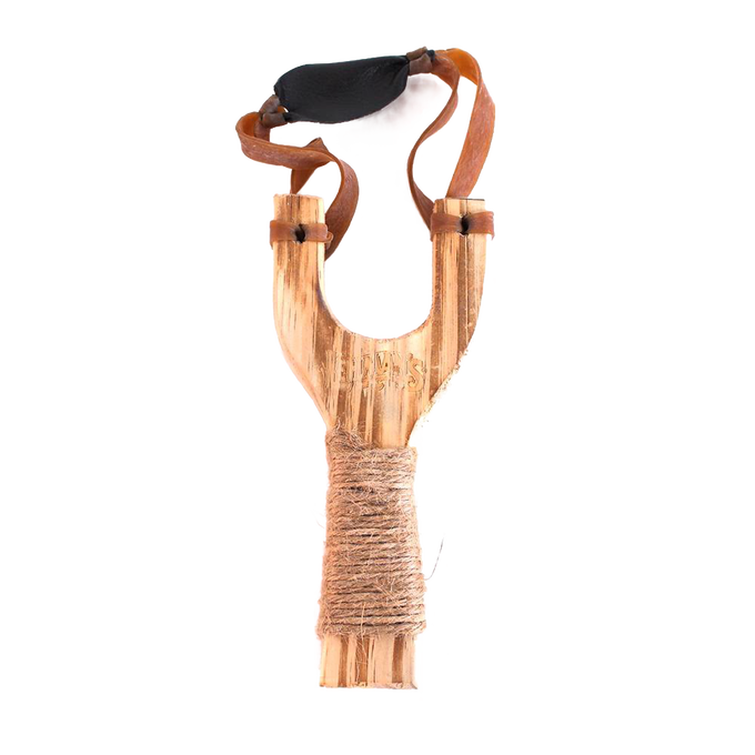 Handcrafted wooden slingshot made from smooth beech wood with genuine leather pouch, wrapped handle for grip, and real latex tubing, perfect for Toys, Lawn Games, and Best Sellers collections.