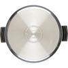 Top view of a stainless steel straining stockpot lid with side handles, featuring an engraved Farberware logo, suitable for Kitchen & Food, Cookware, Pots and Pans, and Best Sellers collections.