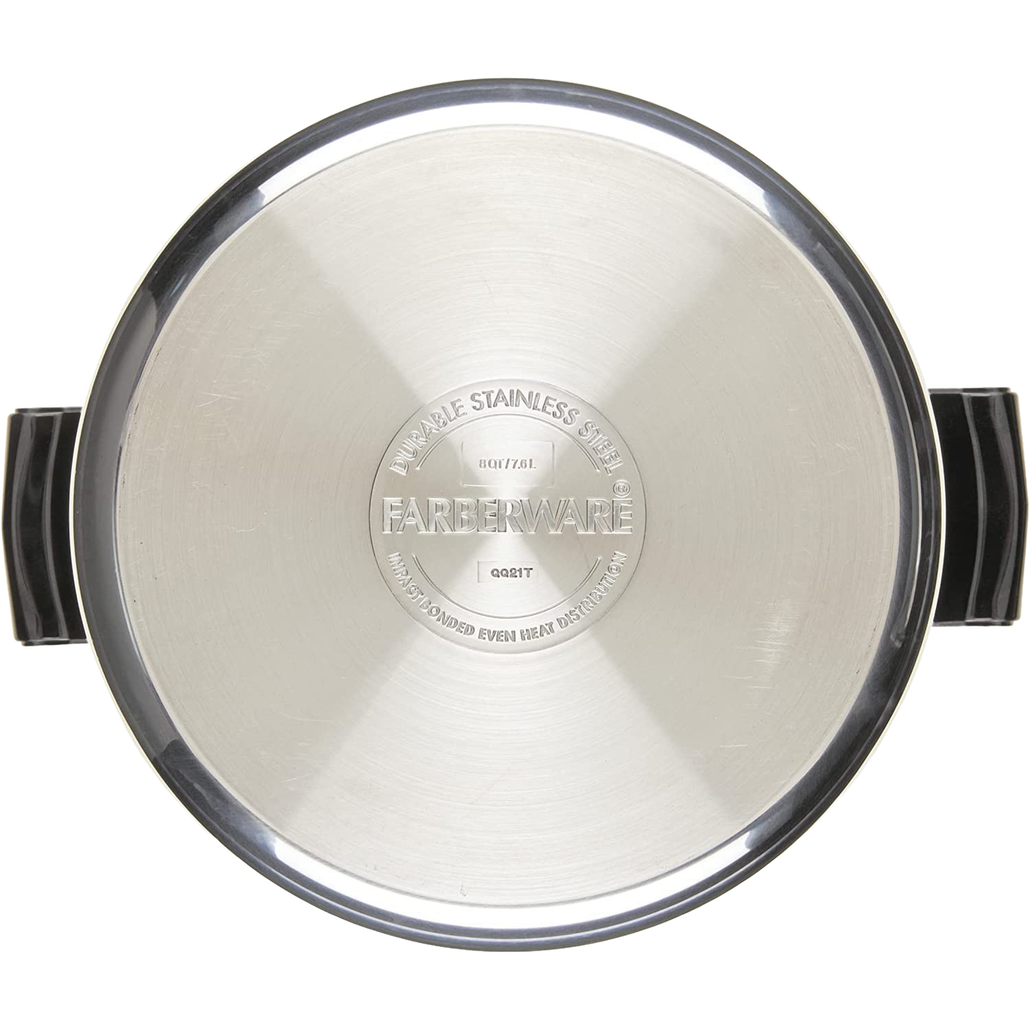 Top view of a stainless steel straining stockpot lid with side handles, featuring an engraved Farberware logo, suitable for Kitchen & Food, Cookware, Pots and Pans, and Best Sellers collections.