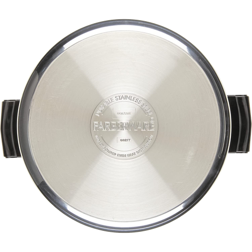 Top view of a stainless steel straining stockpot lid with side handles, featuring an engraved Farberware logo, suitable for Kitchen & Food, Cookware, Pots and Pans, and Best Sellers collections.