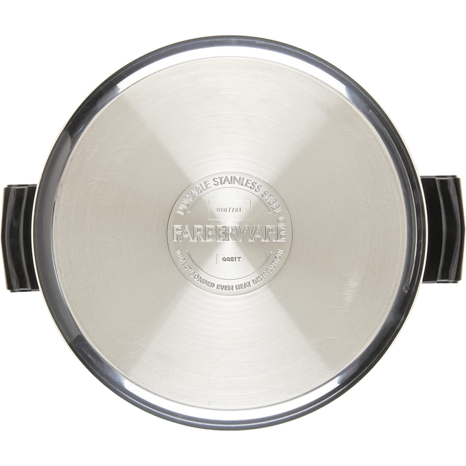 Top view of a stainless steel straining stockpot lid with side handles, featuring an engraved Farberware logo, suitable for Kitchen & Food, Cookware, Pots and Pans, and Best Sellers collections.