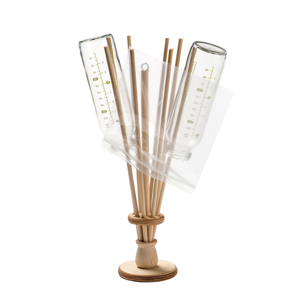Wooden economical bag holder and bottle dryer stand with clear plastic bags and glass bottles placed upside down, a sustainable kitchen gadget ideal for Kitchen & Food, Kitchen Gadgets, and Best Sellers collections.