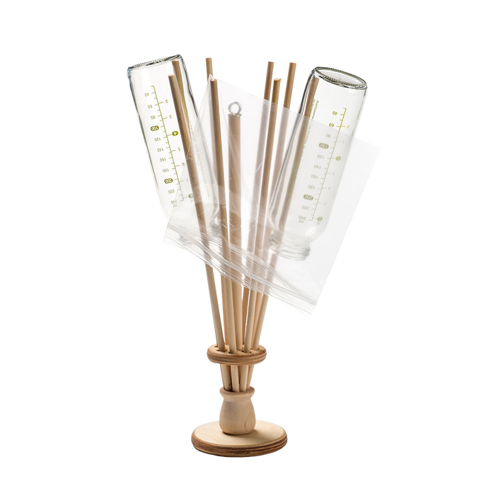 Wooden economical bag holder and bottle dryer stand with clear plastic bags and glass bottles placed upside down, a sustainable kitchen gadget ideal for Kitchen & Food, Kitchen Gadgets, and Best Sellers collections.
