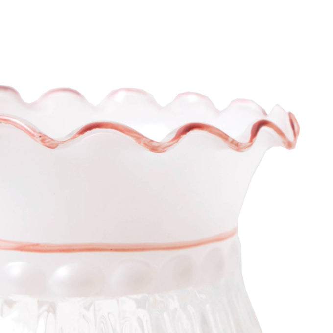 Handcrafted Aladdin glass oil lamp shade with delicate pink rose pattern, scalloped edge, and ribbed design, featured in Lamps & Lighting and Lamp Shades collections.