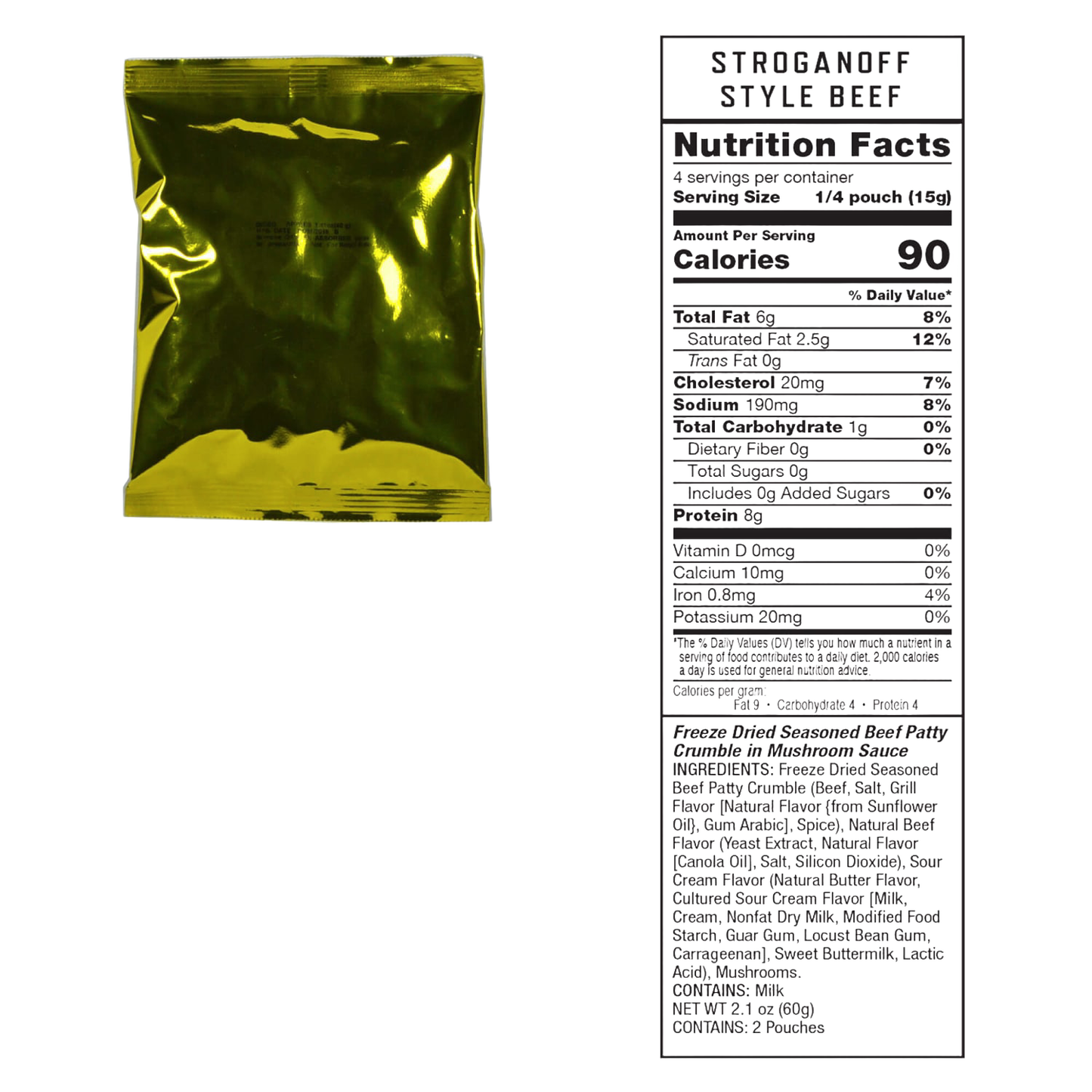 Gold metallic vacuum-sealed pouch for freeze-dried meat with detailed nutrition facts, designed for emergency supplies, pantry storage, and made in USA collections.