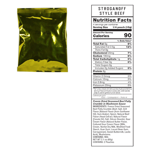 Gold metallic vacuum-sealed pouch for freeze-dried meat with detailed nutrition facts, designed for emergency supplies, pantry storage, and made in USA collections.