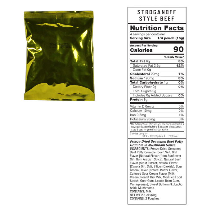 Gold metallic vacuum-sealed pouch for freeze-dried meat with detailed nutrition facts, designed for emergency supplies, pantry storage, and made in USA collections.