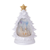 White tree-shaped water globe featuring a snowy church scene inside, with shimmering snow effect and golden star topper, including a 6-hour timer for holiday decor collections.