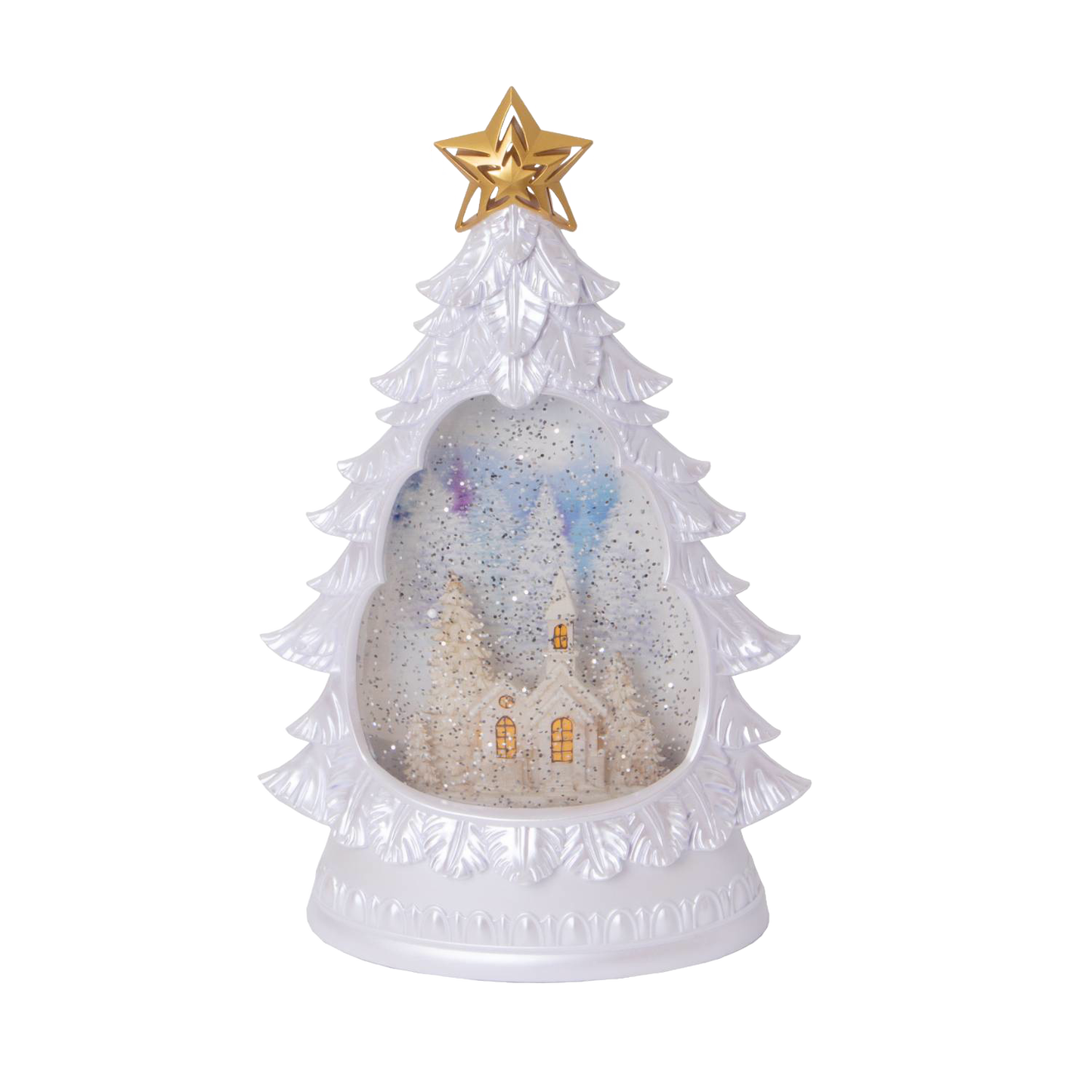 White tree-shaped water globe featuring a snowy church scene inside, with shimmering snow effect and golden star topper, including a 6-hour timer for holiday decor collections.