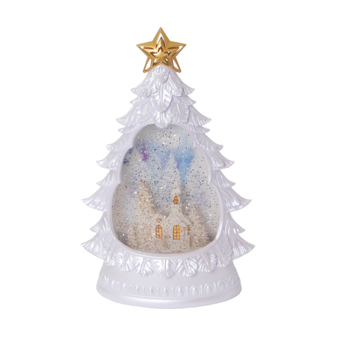 White tree-shaped water globe featuring a snowy church scene inside, with shimmering snow effect and golden star topper, including a 6-hour timer for holiday decor collections.