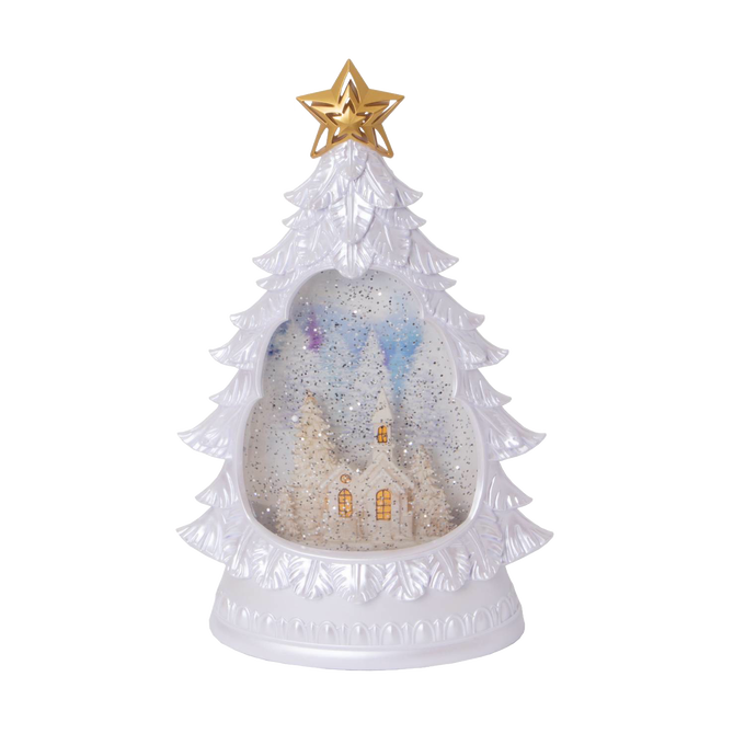 White tree-shaped water globe featuring a snowy church scene inside, with shimmering snow effect and golden star topper, including a 6-hour timer for holiday decor collections.