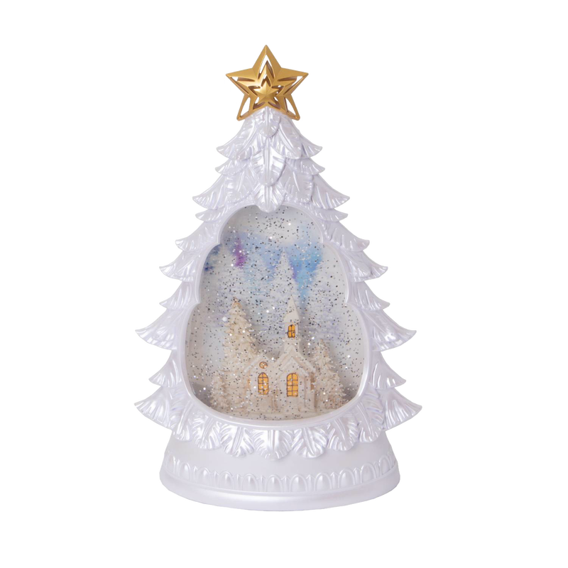 White tree-shaped water globe featuring a snowy church scene inside, with shimmering snow effect and golden star topper, including a 6-hour timer for holiday decor collections.