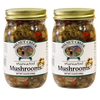 Two glass jars of handcrafted marinated mushrooms with red peppers and onions, prepared in USA, ideal for Kitchen & Food, Pantry, and Best Sellers collections.